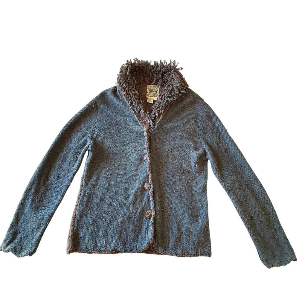 Curio Blue Ramie Blend Knit Cardigan Sweater L Shag Collar Boho Cottagecore